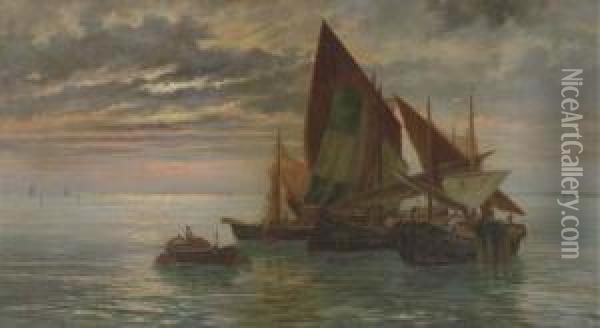 Boats At Sunset Oil Painting - Pietro Gabrini