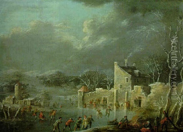 Winter Landscape With Skaters On A Frozen River Near A Village Oil Painting - Dirk Dalens III