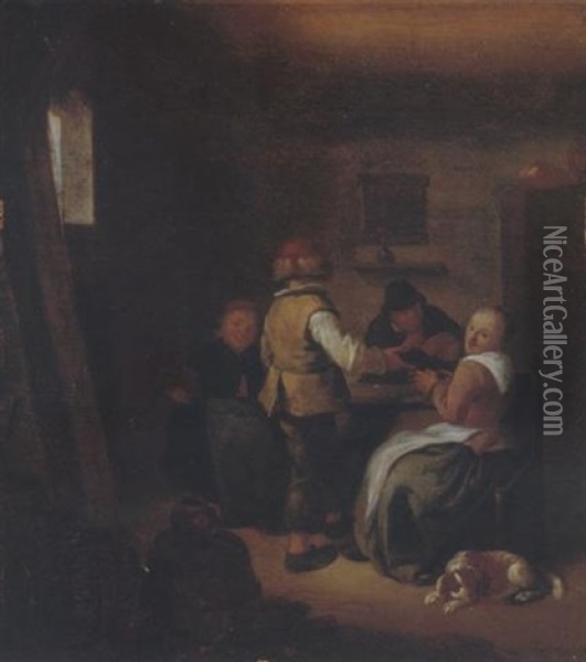 An Interior With Four Peasants Around A Table With A Dog Oil Painting - Jan Miense Molenaer