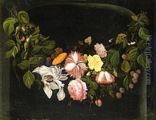 Still Life Of Flowers With A Branch Of Loganberries, A Butterfly And A Dragonfly Oil Painting - Reinier De La Haye
