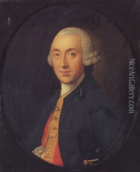 Portrait Of A Gentleman (thomas Henderson Of Bath?), In A Blue Coat And Red Waistcoat Holding A Tricorn Hat Oil Painting - Thomas Gainsborough