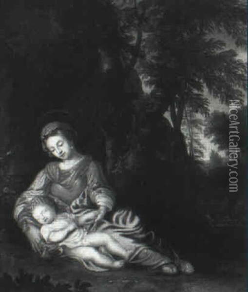 The Madonna And Child At Rest In A Landscape Oil Painting - Caspar Netscher