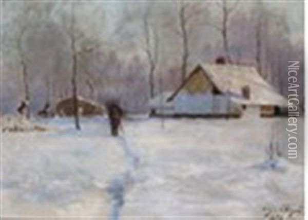 Gathering Wood In The Snow Oil Painting - Eugene Chigot