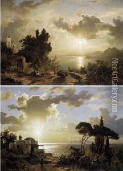 Italian Coastal Scenes At Sunset Oil Painting - August Wilhelm Leu