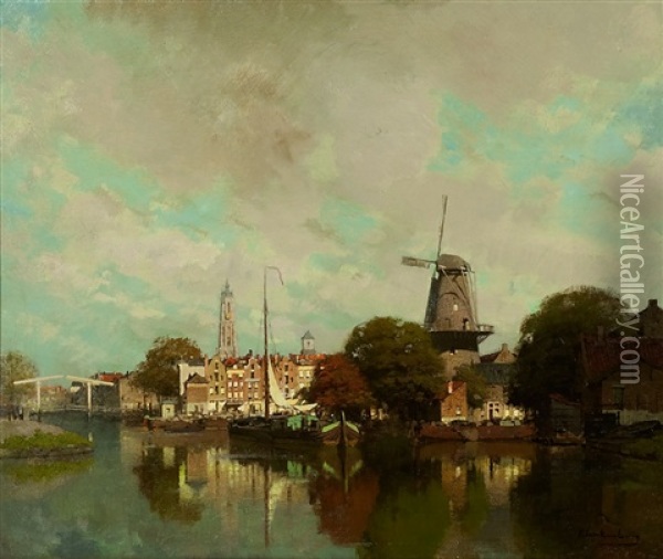A View On Delft With The Spire Of The Nieuwe Kerk And The Groenmolen Oil Painting - Johannes Christiaan Karel Klinkenberg