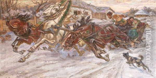 Wilde Troikafahrt In Winterlicher Landschaft Oil Painting - Nikolai Semenovich Samokish