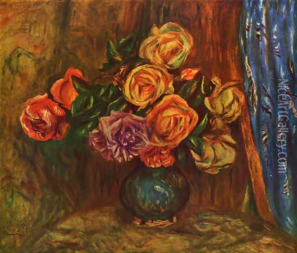 Still life, roses before blue curtain Oil Painting - Pierre Auguste Renoir