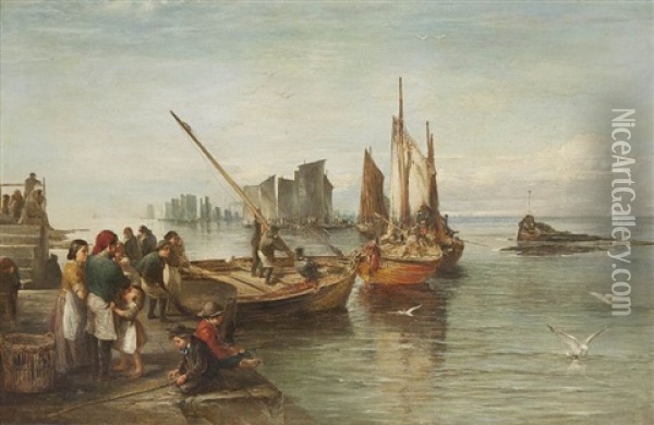 Breton Quay With Fishing Fleet Leaving The Harbour Oil Painting - William Fleming Vallance