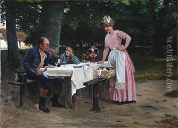 August Hermann Knoop (after Erik Henningsen): Frokost I Skoven Oil Painting - August Hermann Knoop