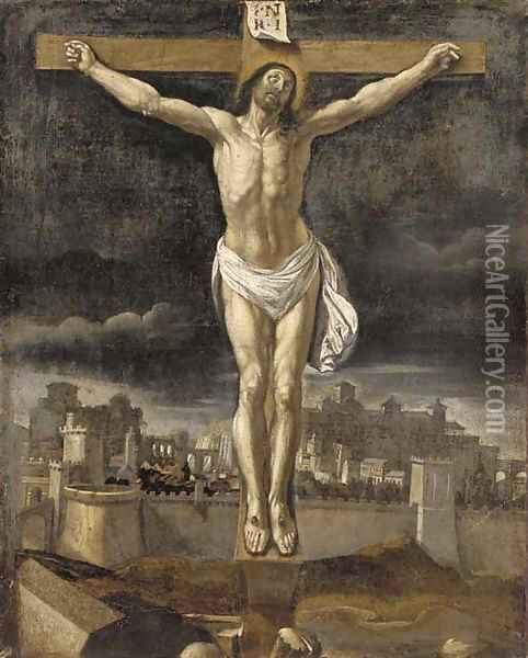 The Crucifixion, with Jerusalem beyond Oil Painting - Spanish School