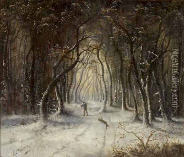 Winterlicher Waldweg Mit Holzfaller Oil Painting - Edouard Ferey