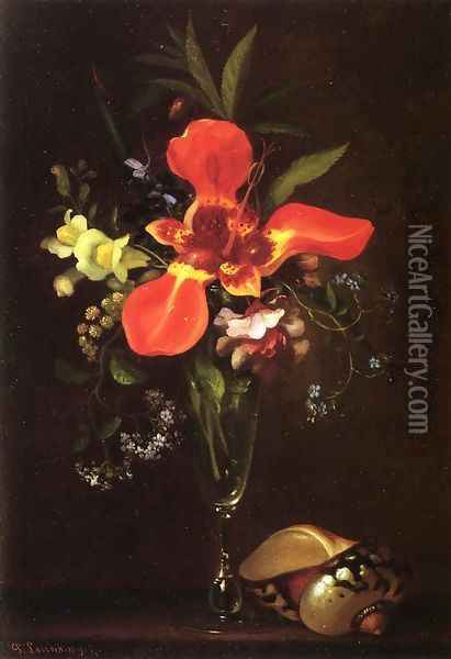 Vase of Flowers and a Shell Oil Painting - Paul Lacroix