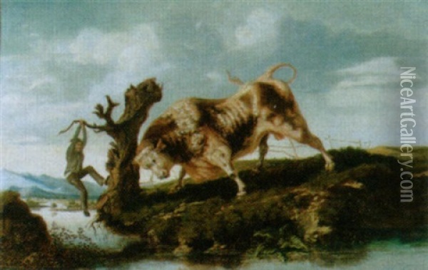 Der Wutende Stier Oil Painting - Jacques Raymond Brascassat