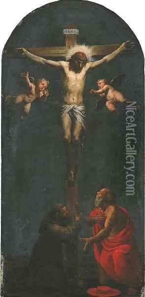 Christ on the Cross with Saint Francis of Assisi and Saint Jerome Oil Painting - Pasquale Ottino