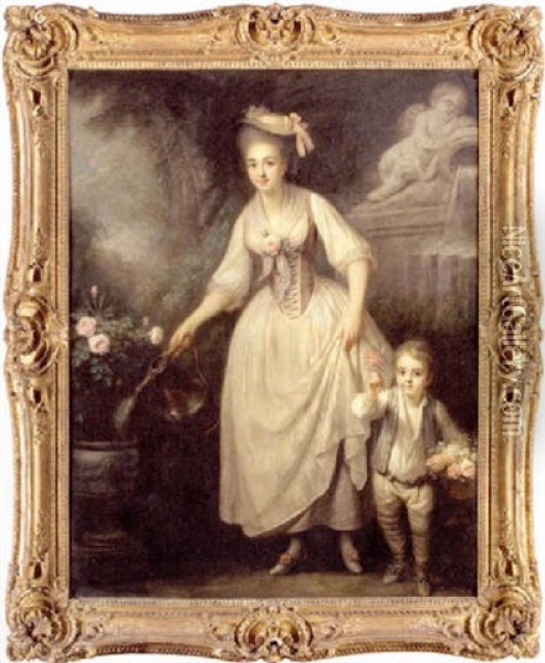 Portrait Of A Lady (duchesse De Choiseul?) In A White Dress And Hat, Watering Roses, And A Boy In A White Shirt Holding A Basket Of Roses Oil Painting - Jeanne-Philiberte Ledoux
