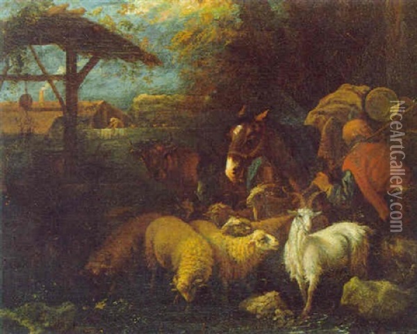 Hirt Mit Herde In Einer Landschaft Mit Bauerngehoft Oil Painting - Giovanni Benedetto Castiglione