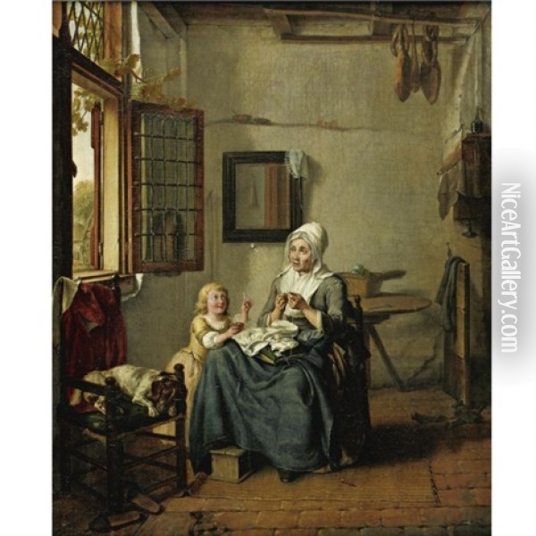 Interior With A Woman And Child Sewing By An Open Window, A Dog Asleep In A Chair Oil Painting - Wybrand Hendriks
