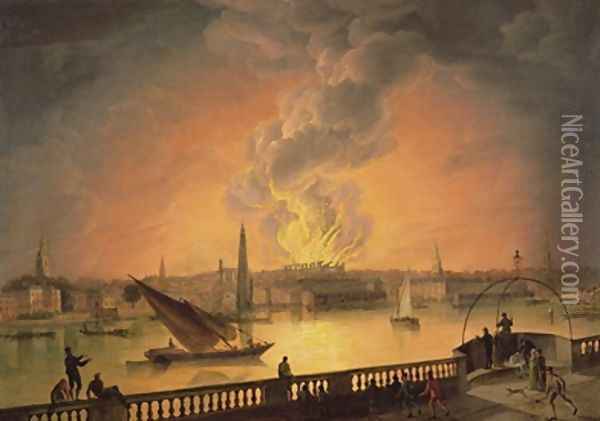 The Burning of Drury Lane Theatre from Westminster Bridge 1809 Oil Painting - Thomas Luny