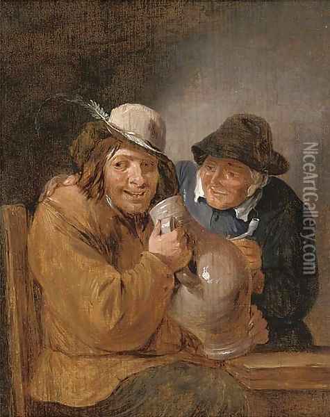 Two peasants smoking and drinking in an interior Oil Painting - David The Younger Teniers