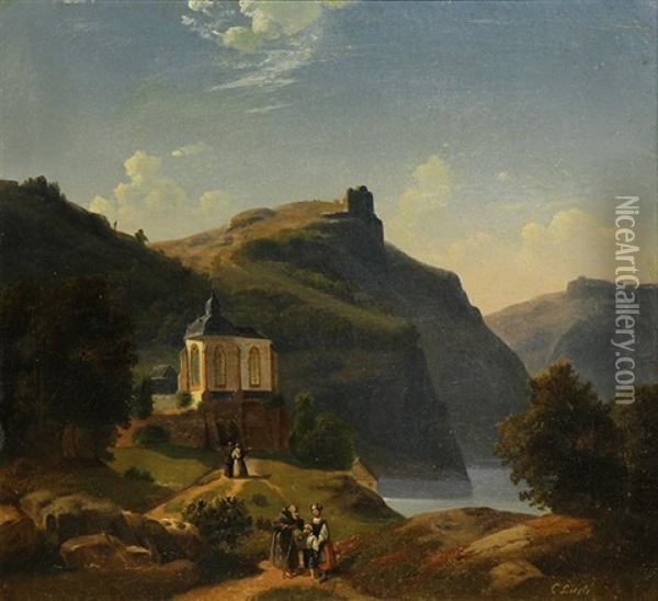 Mountain And Lake Landscape With Figures Walking Oil Painting - Cornelis Lieste