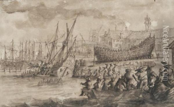 Scene De Chantier Naval, Le Calfatage Oil Painting - Regnier Remigius Zeeman /