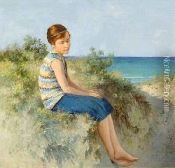 Girl In The Dunes By The North Sea Beach On Sylt Oil Painting - Hermann Seeger