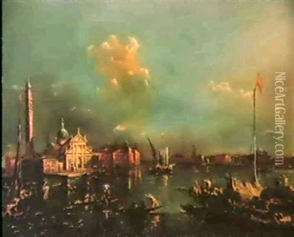 L'isola Di San Giorgio Maggiore A Venise Avec Des Gondoles  Et Des Barges Oil Painting - Giacomo Guardi