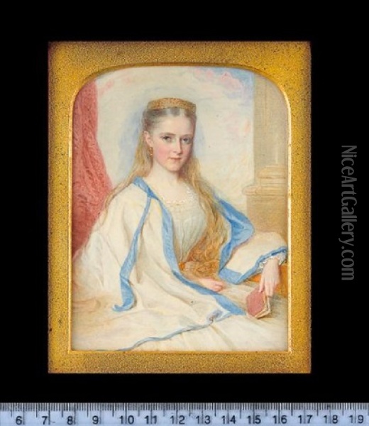Emma Cecilia Buchan Callander (later Mrs J. A. Gayer), Wearing White Dress With Lace Trim And Gold Waistband, Gold Pendent Earring Oil Painting - Reginald Easton
