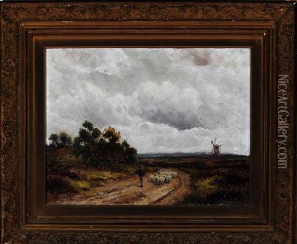 A Shepherd On A Country Road Approaching A Windmill Oil Painting - Richard William Halfnight