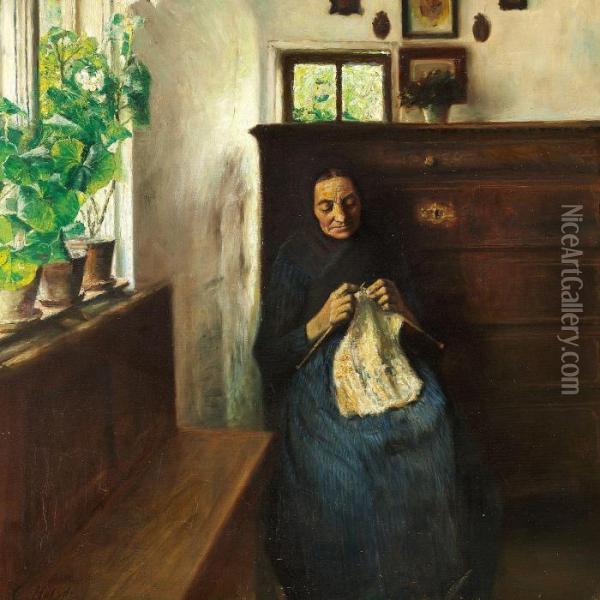 Interior With A Woman Knitting Oil Painting - Carl Vilhelm Holsoe
