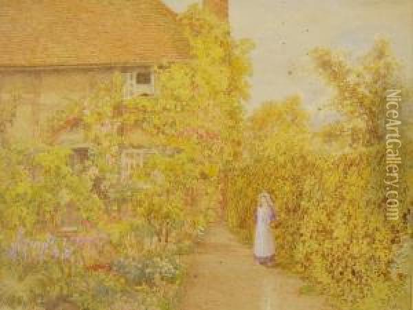 Girlwalking Along Garden Path Beside A Cottage Oil Painting - Thomas Hunt