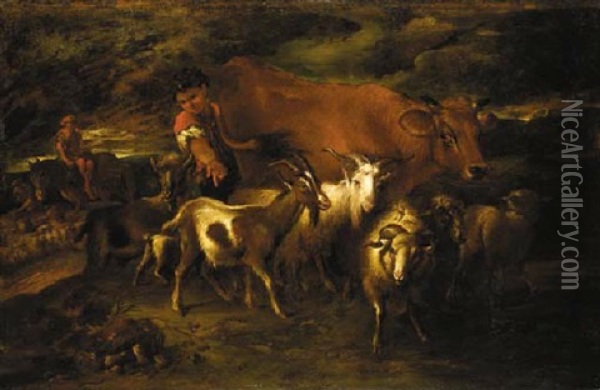An Extensive Landscape With A Young Nietherd With His Livestock Oil Painting - Francesco Castiglione