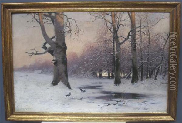 Forest Landscape In Winter Oil Painting - Konrad Mueller-Kuerzwelly