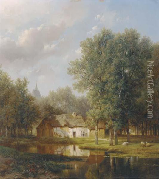 Sheep Before A Farmhouse In A Wooded River Landscape Oil Painting - Pieter Lodewijk Kuhnen