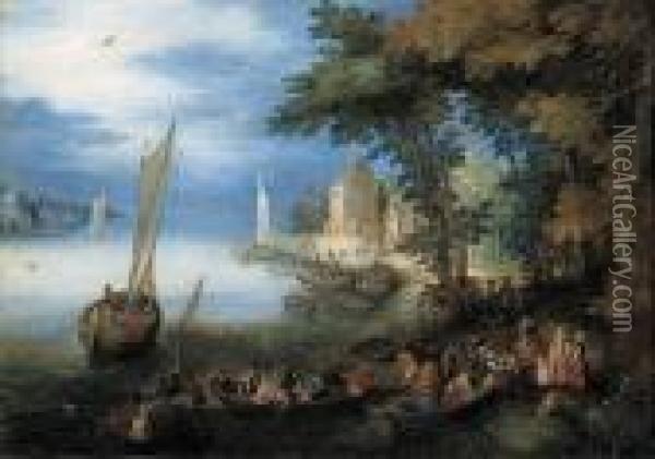A River Landscape With A Ferry Arriving Near A Landingstage, A Sailing Vessel Nearby Oil Painting - Jan The Elder Brueghel