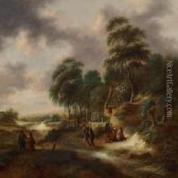 A Wooden Landscape With Figures By A House Oil Painting - Claes Molenaar (see Molenaer)