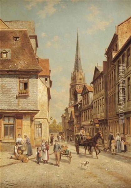 Townspeople In A Sunlit Street Oil Painting - Jacques Francois Carabain