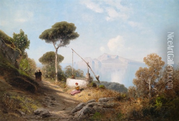 Italienische Landschaft Mit Brunnen Und Blick Auf Capri Oil Painting - Ascan Lutteroth