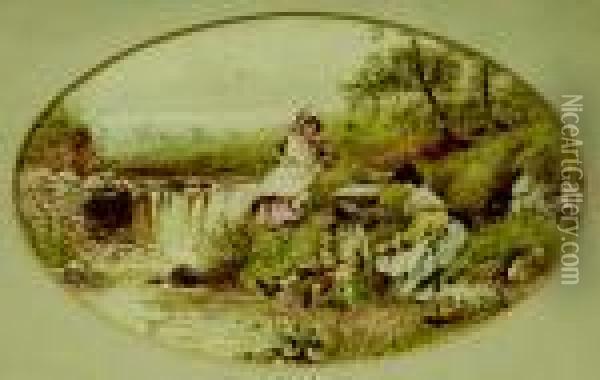 An Oval Water Colour Oil Painting - Myles Birket Foster