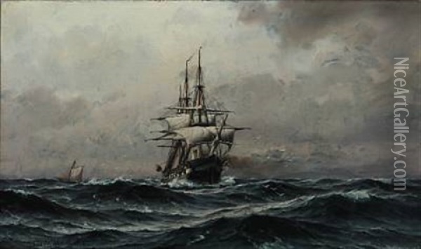 Seascape With A Sailing Ship In High Waves Oil Painting - Laurits Bernhard Holst