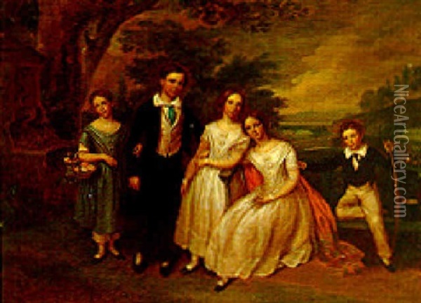 A Group Of Five Of The Children Of Major Horatio Nelson Noble, In A Park Oil Painting - James Leakey