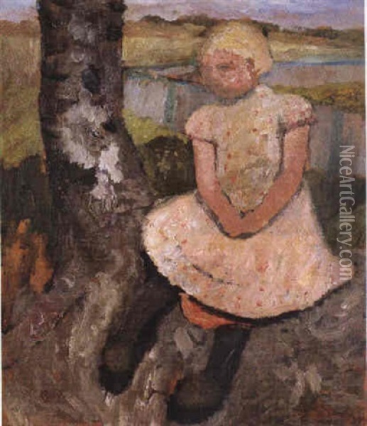 Sitzendes Bauernmadchen Neben Einem Birkenstamm Oil Painting - Paula Modersohn-Becker