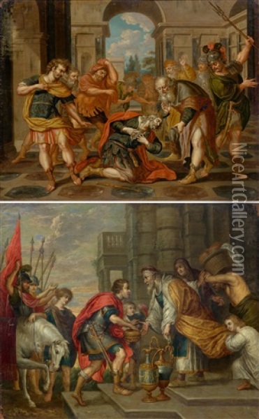 Pair Of Works: Abraham And Melchizedek / Old Testament Scene Oil Painting - Johann Georg Platzer