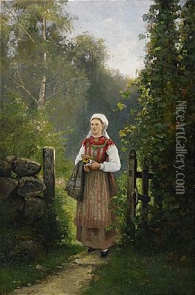 Kvinna Vid Grind Oil Painting - Johan Severin Nilsson