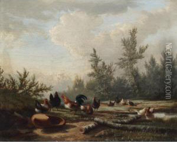 Poultry And Ducks By A Pond Oil Painting - Jean-Baptiste Van Leemputten