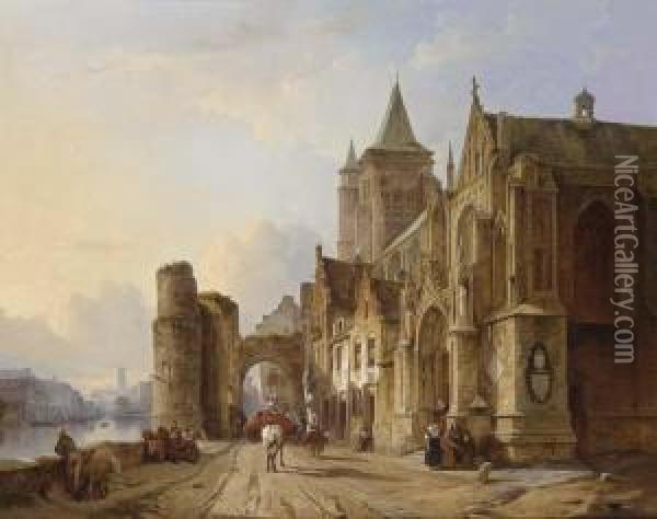 Figures In The Streets Of A Riverside Town Oil Painting - Francois Antoine Bossuet
