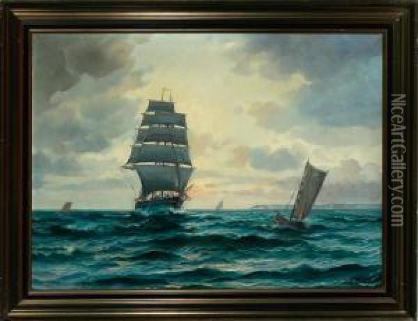 Danish Marine With A Brig On Open Sea Oil Painting - Willy Bille