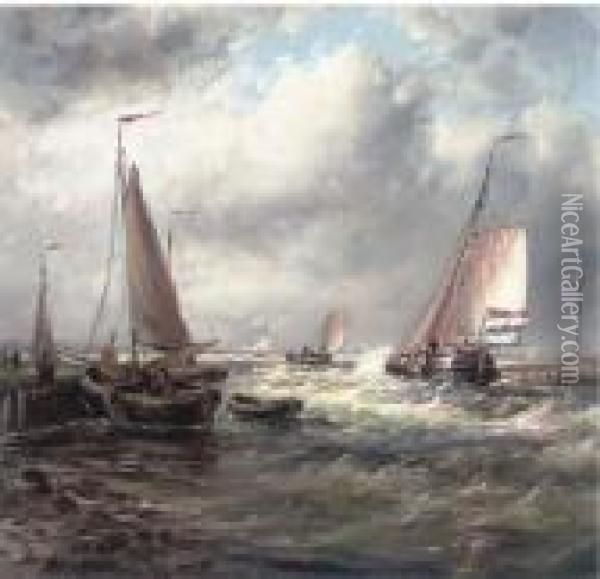 A Stiff Breeze At The Harbour Mouth Oil Painting - Abraham Hulk Jun.