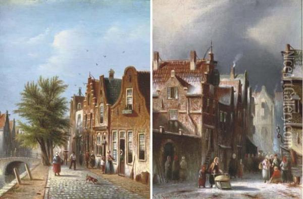 A Snow Covered Town; And Along A Canal In Summer Oil Painting - Johannes Franciscus Spohler