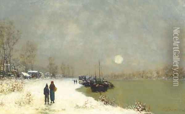 Figures along a riverside in winter Oil Painting - Paul Emmanuel Peraire
